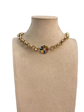 Gold-Tone Chain Necklace with Multicolor Enamel Flower Pendant